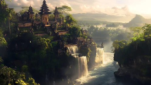 Tiered jungle temple complex crowns cliffs over waterfalls