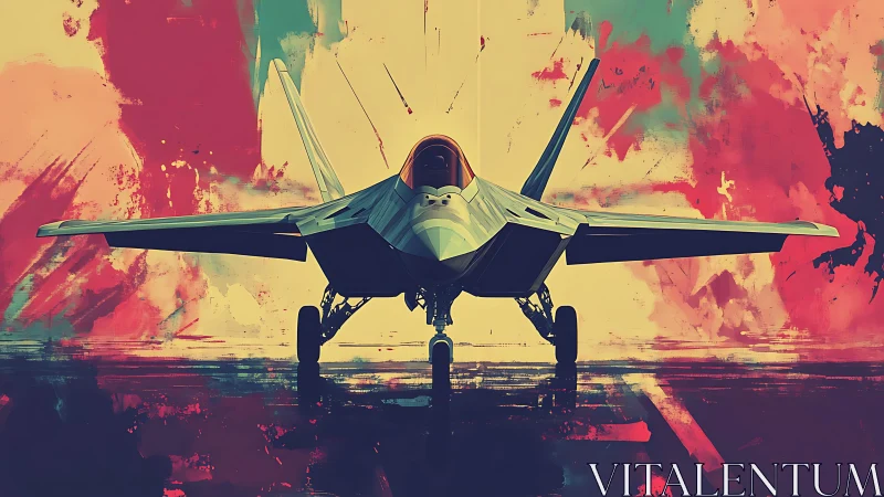Stealth fighter jet on runway with bold abstract colors.