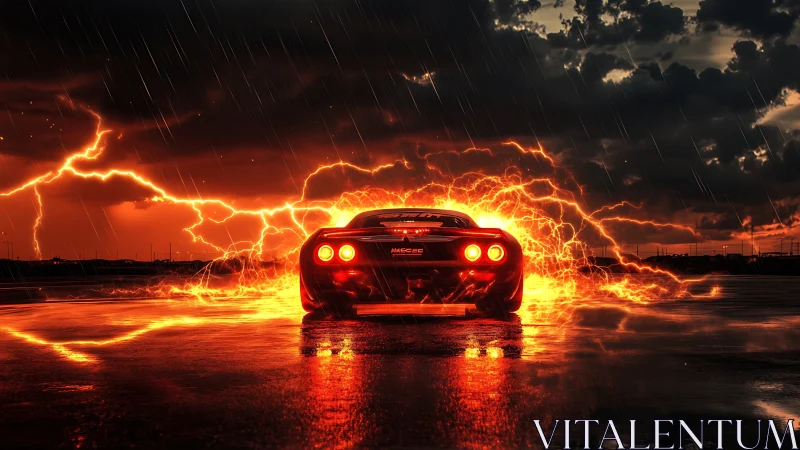Sports car surrounded by fiery lightning on wet track.