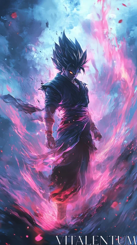 Dark anime warrior within blazing pink cosmic aura.
