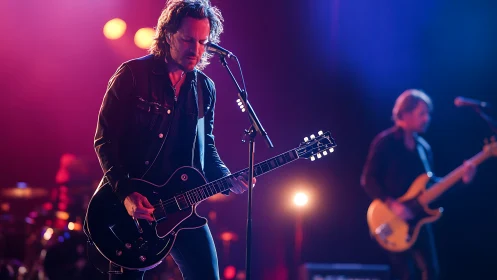 Velvet neon guitar storm on a smoke-hazed concert stage.