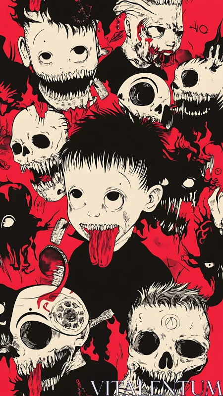 Grotesque red-ground horror montage in graphic comic style.