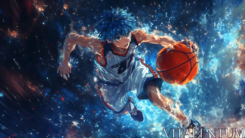Dynamic anime basketball drive through cosmic light field.