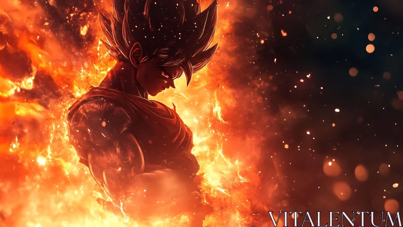 Silhouetted anime warrior framed by high-energy volumetric fire field