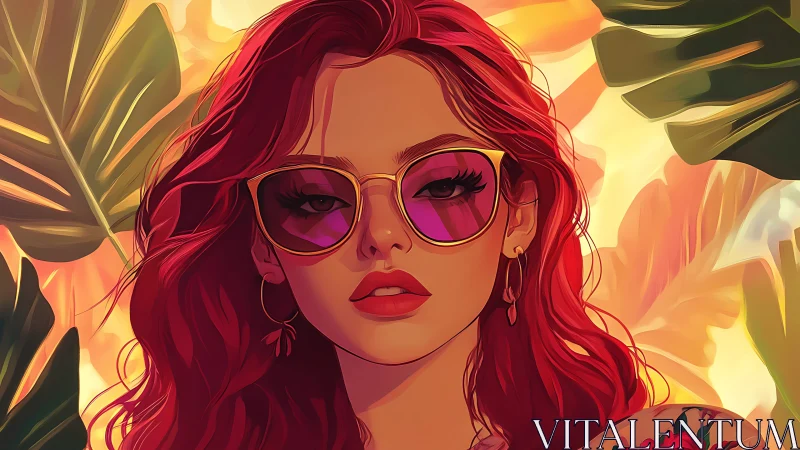 Red haired woman in reflective sunglasses amid tropical foliage