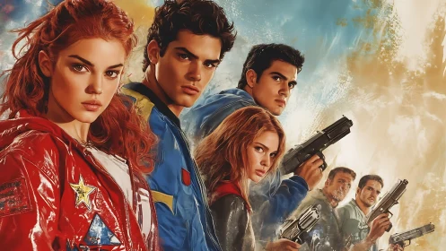 Heroic youth squad poised with weapons in vivid jackets.