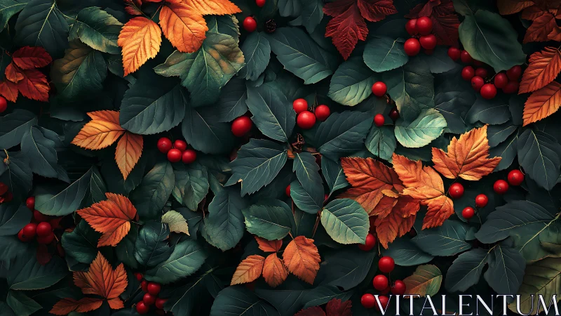 Autumn foliage and red berries forming dense flat lay.