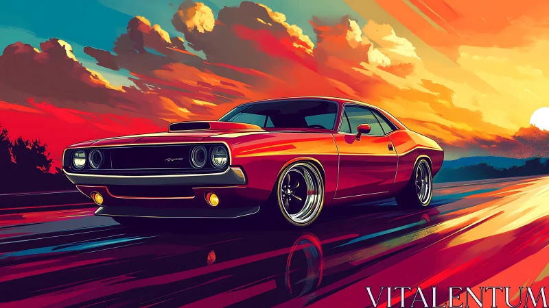 Chromatic muscle car rendering under hyper-saturated sunset sky.