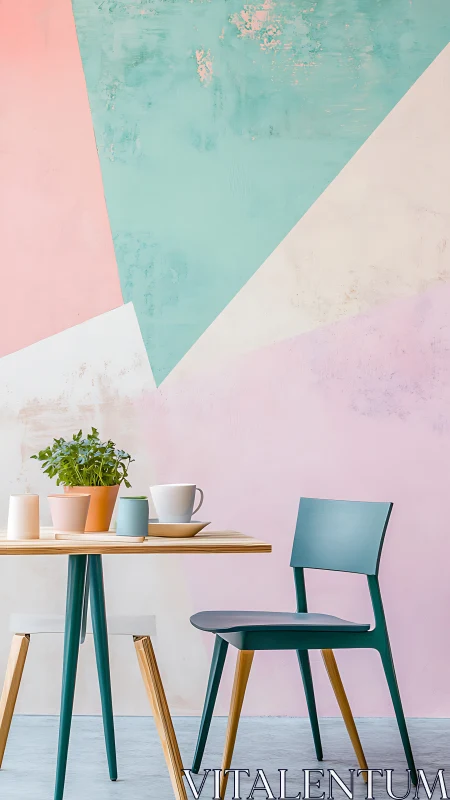 Pastel geometric dining nook with teal chair and table.