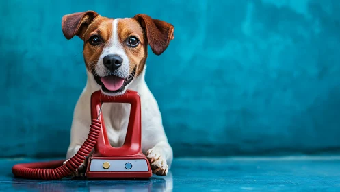 Happy Dog Holding Red Vintage Telephone.