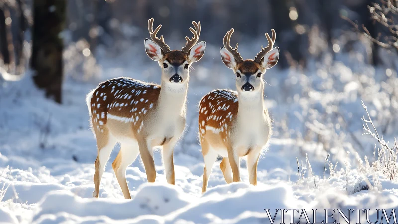 Twin winter deer poised in glittering snowlit hush.