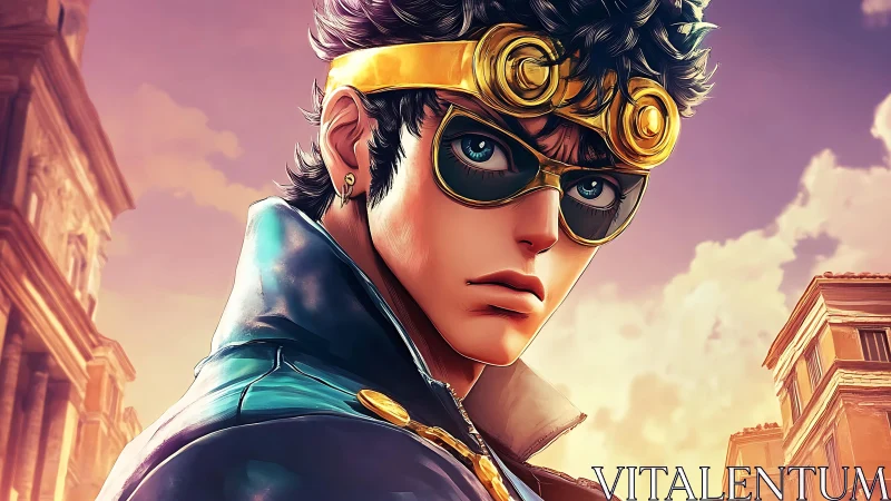 Stylized anime hero with gold goggles in cityscape at dusk.