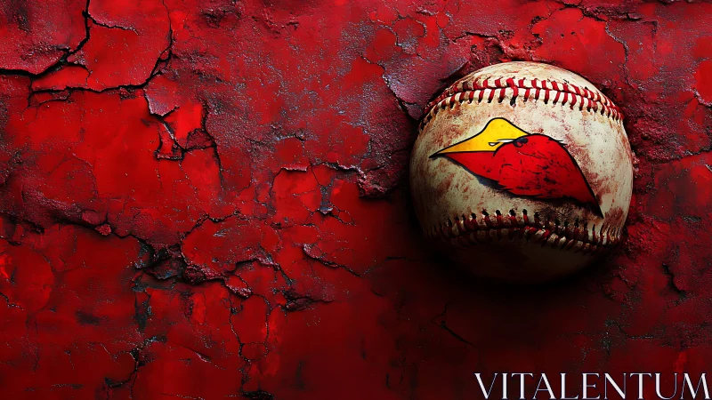 Weathered baseball on cracked red wall with bold emblem.
