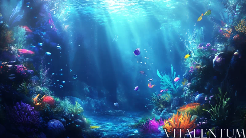 Sunbeams dive through coral towers to wake a glowing reef