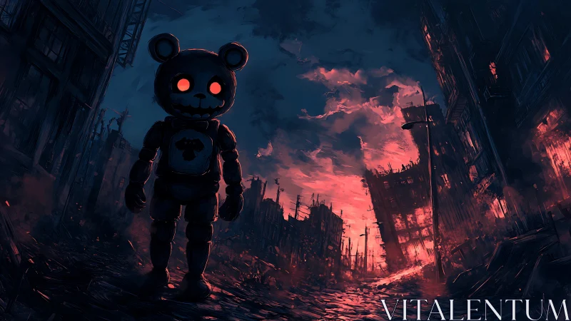 Giant killer teddy bear stalks burning postwar city
