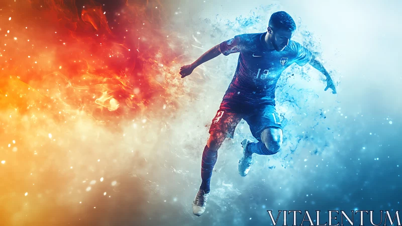 Dynamic soccer player framed by dual fire and ice energy fields
