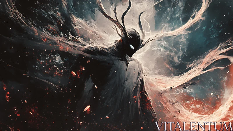 Shadowed horned figure in swirling abstract energy field.