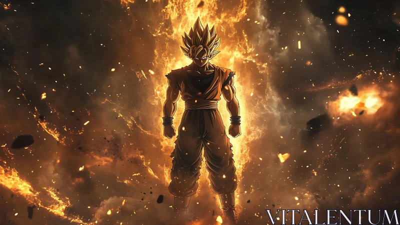Golden haired warrior stands engulfed in explosive fiery aura