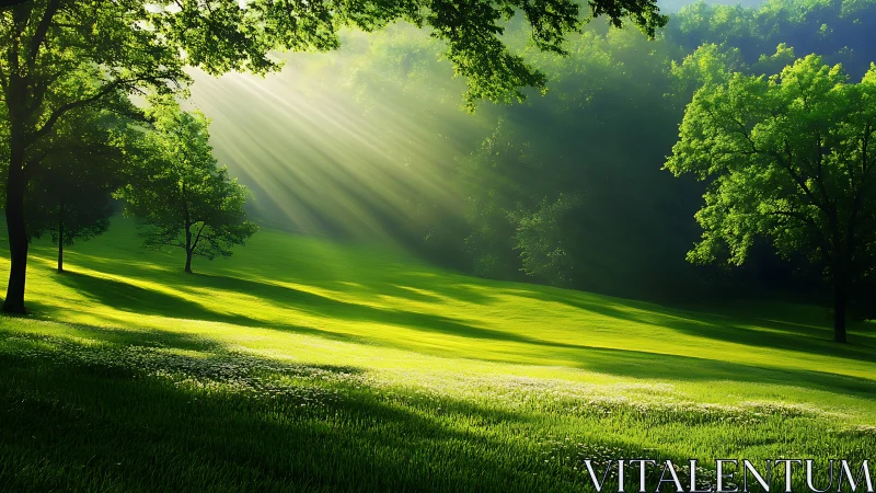 Sunlit forest meadow with radiant morning light beams.