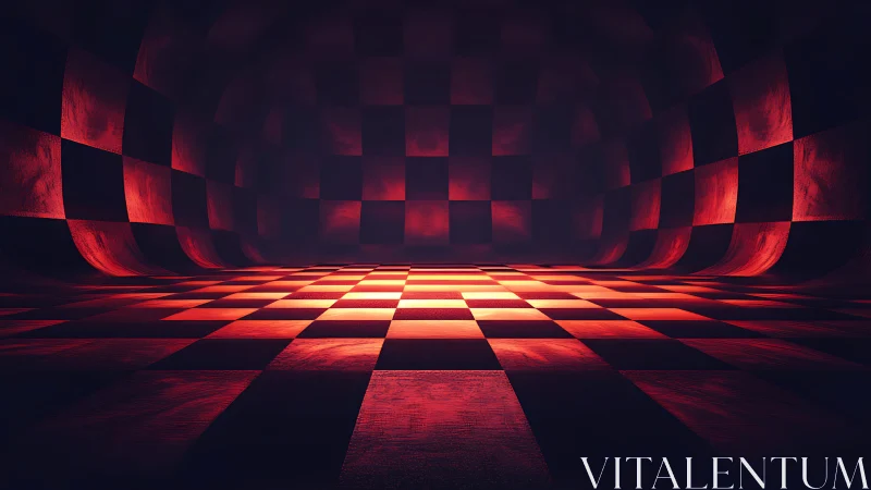 Luminous red checkerboard tunnel with curved perspective.