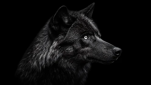Black wolf portrait glows against deep black background.