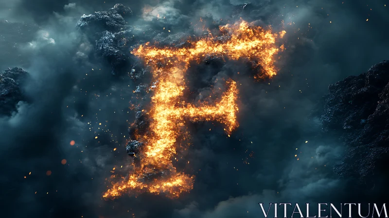 Fiery geometric form blazes against stormy dark sky.