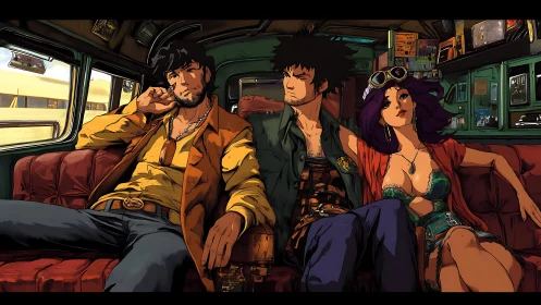 Three passengers sit in a retro van interior on red seats