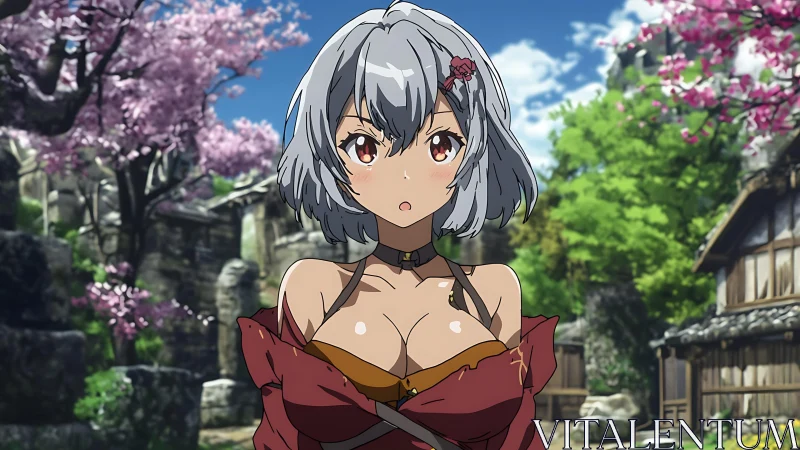 Grey haired anime girl stands in village with cherry blossoms