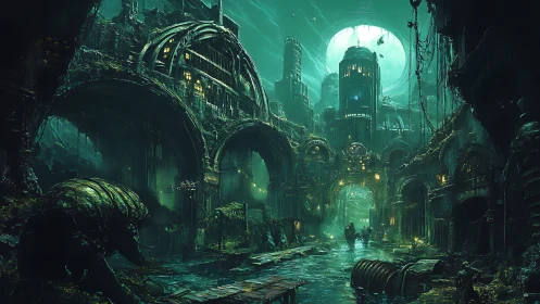 Cyberpunk ruin corridor under teal dome with central figures advancing