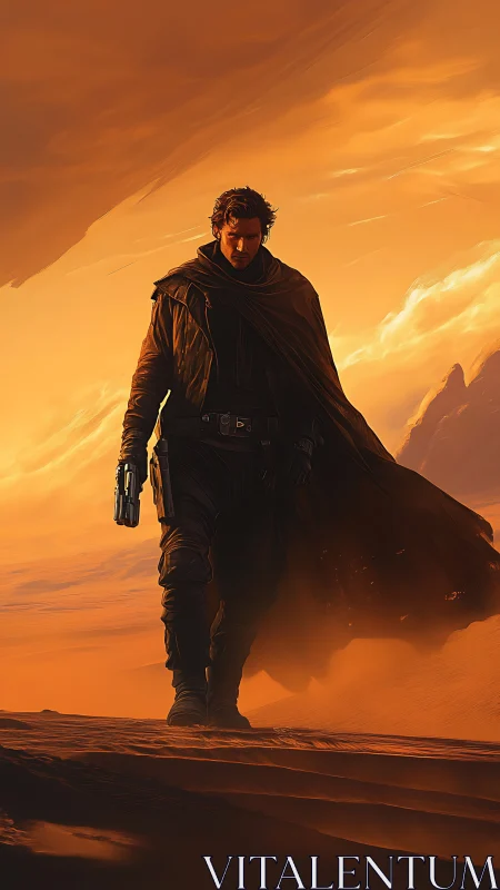 Cloaked desert gunslinger traversing wind-sculpted dunes at dusk.