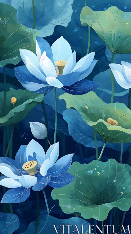 Blue lotus flowers and large green leaves in stylized pond.