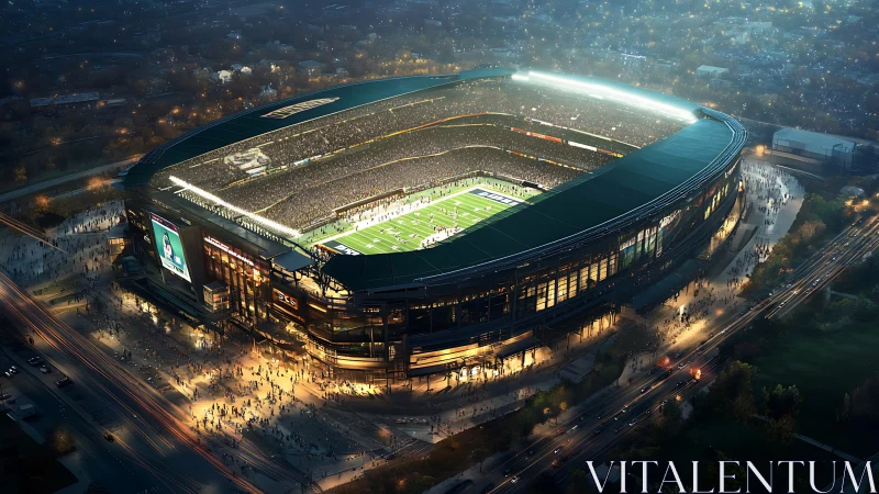 Illuminated night football stadium in dense urban landscape.