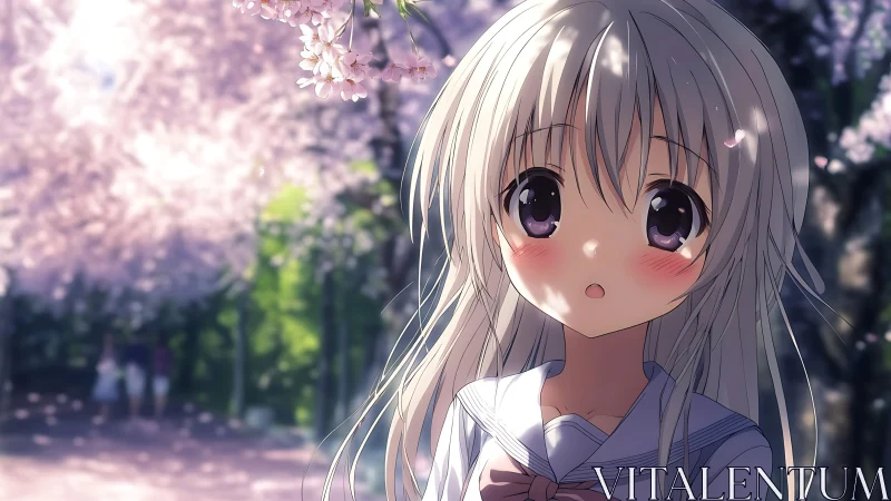 Springtime bokeh rendering of anime schoolgirl under sakura canopy.