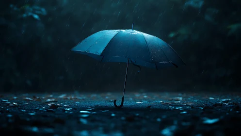 Solitary blue umbrella glowing under moody night rainfall.