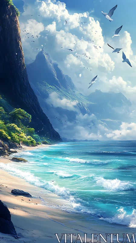 Dramatic Coastal Vista: Towering Cliffs, Turquoise Waves, and Soaring Seabirds.