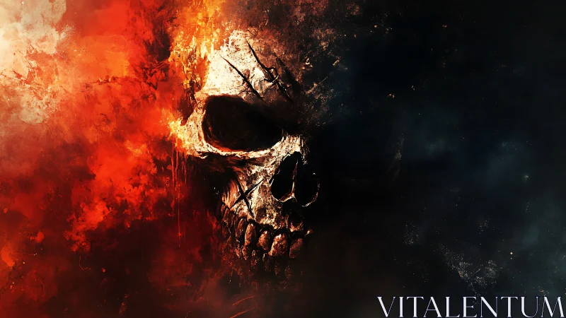 Burning skull materializes through infernal smoke and shadow.