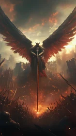Fiery winged guardian rises over a battlefield in twilight.