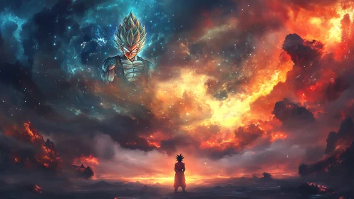 Cosmic duel beneath blazing skies of storm and starlight.