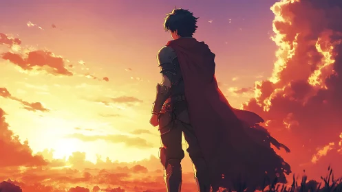 Anime hero silhouette against luminous sunset horizon.