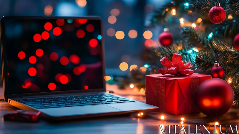 Holiday lights glow around a laptop and wrapped red gift
