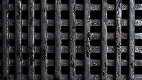 Close-up of dirty black grill grates with textured, industrial look.