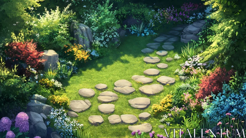 Stone path curves across dense, sunlit flower garden