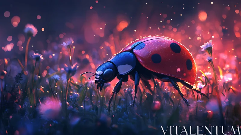 Midnight ladybug patrols a neon meadow of dreamlit dew