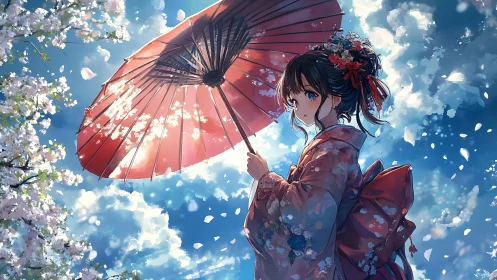 Cherry blossoms orbit a quiet girl beneath a painted sky