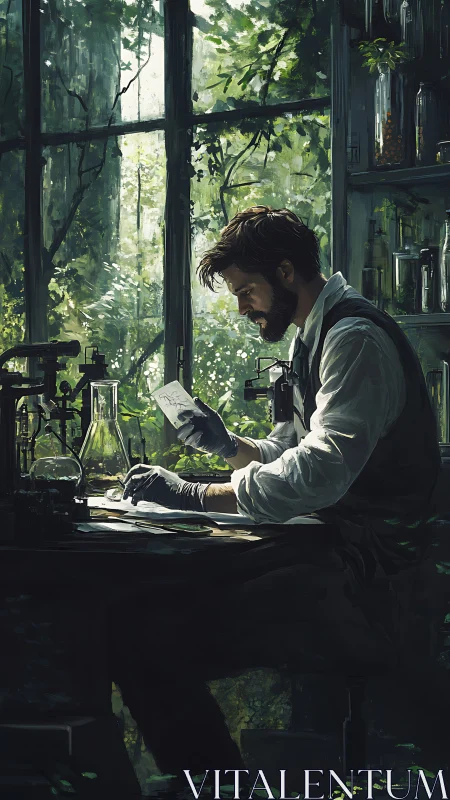 Greenhouse alchemist decoding sunlit leaves at a quiet desk.