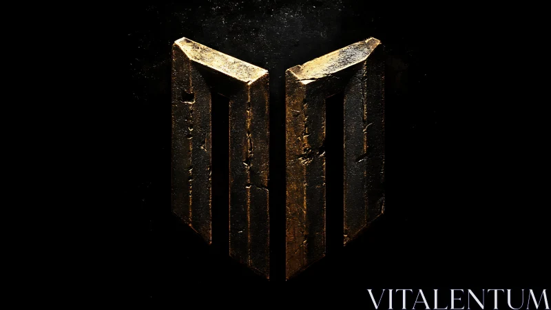 Weathered metallic monolith logo renders in dramatic chiaroscuro