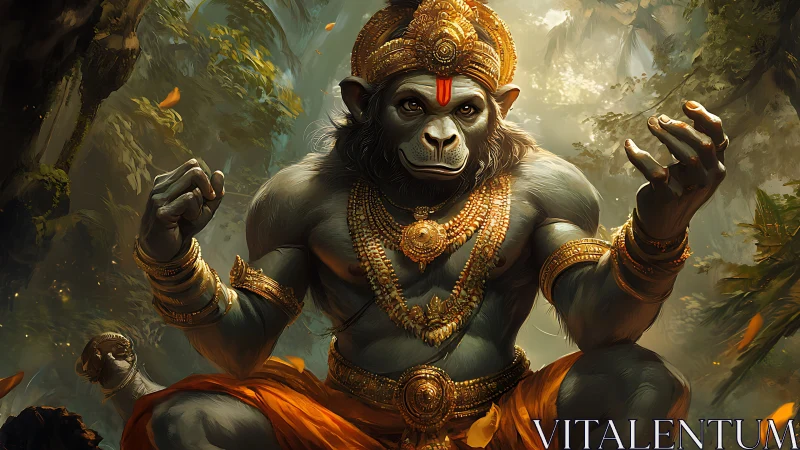 Simian warrior deity figure in ornate gold regalia, seated.