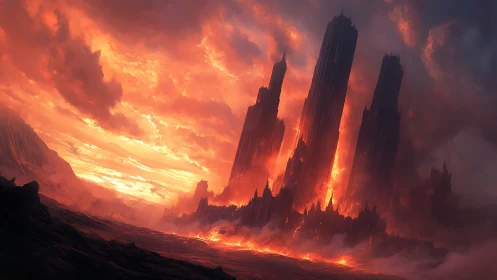 Vertical lava towers in fiery volcanic landscape at dusk.