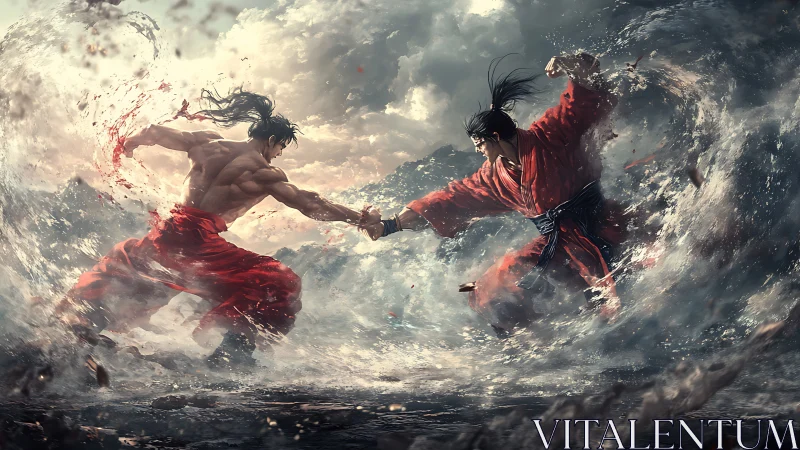 Hydrodynamic duel of red-clad martial warriors in vortex storm.