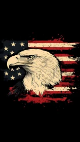 Bald eagle portrait over distressed American flag field.